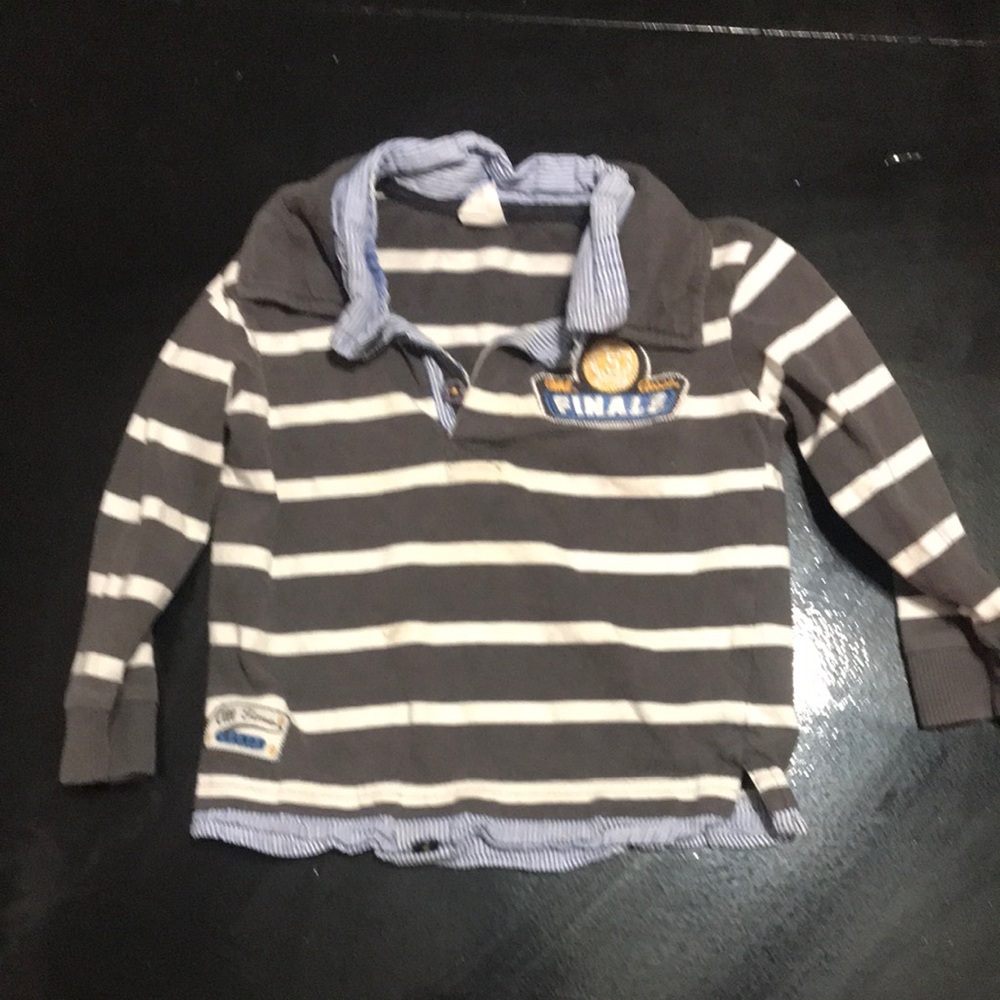 Striped Long-Sleeve Polo Top for Kids - Gray & White